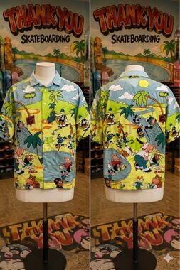 Thank You Skateboarding Skate Oasis Cartoon Button Up Shirt Medium